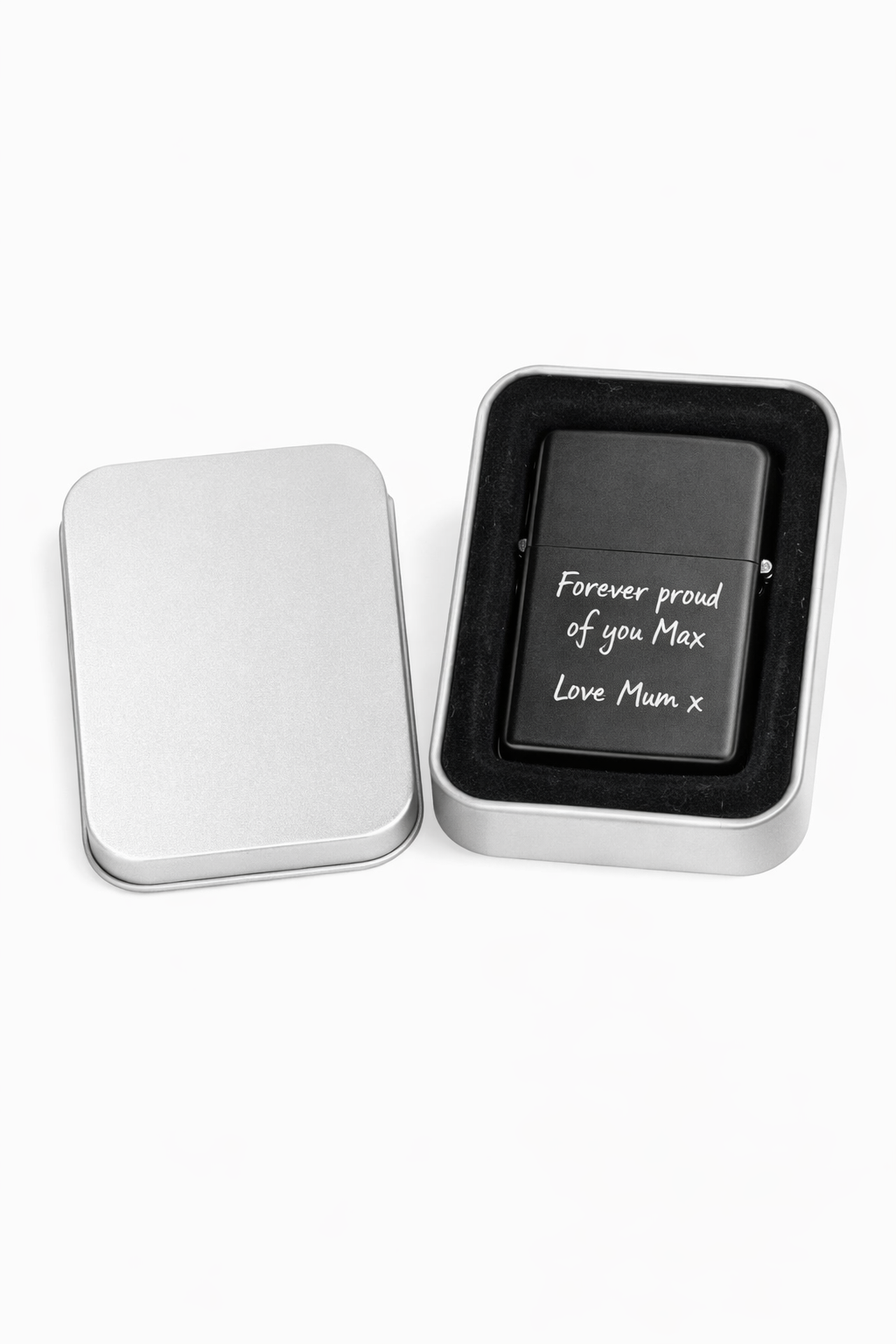 Personalised handwriting engraved black matte lighter.