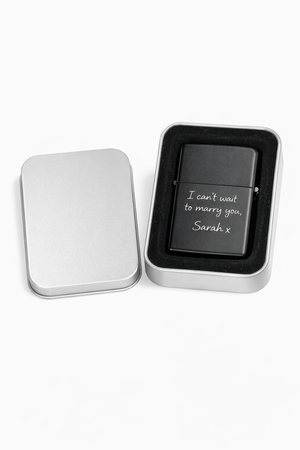 Personalised handwriting engraved black matte lighter.