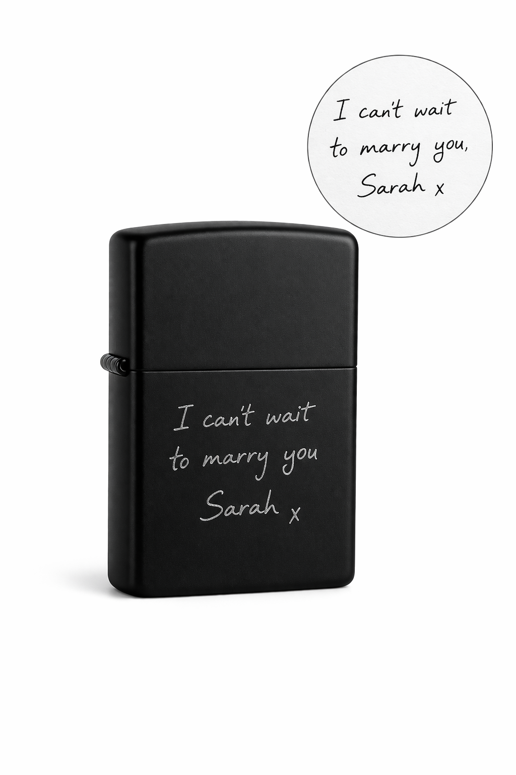 Personalised handwriting engraved black matte lighter.