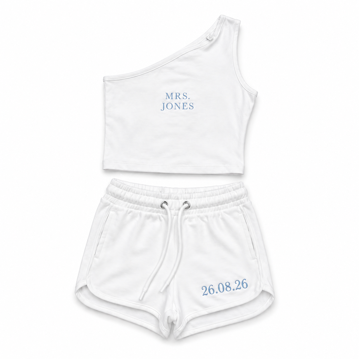Personalised assymetric white bridal shorts & top co-ord set